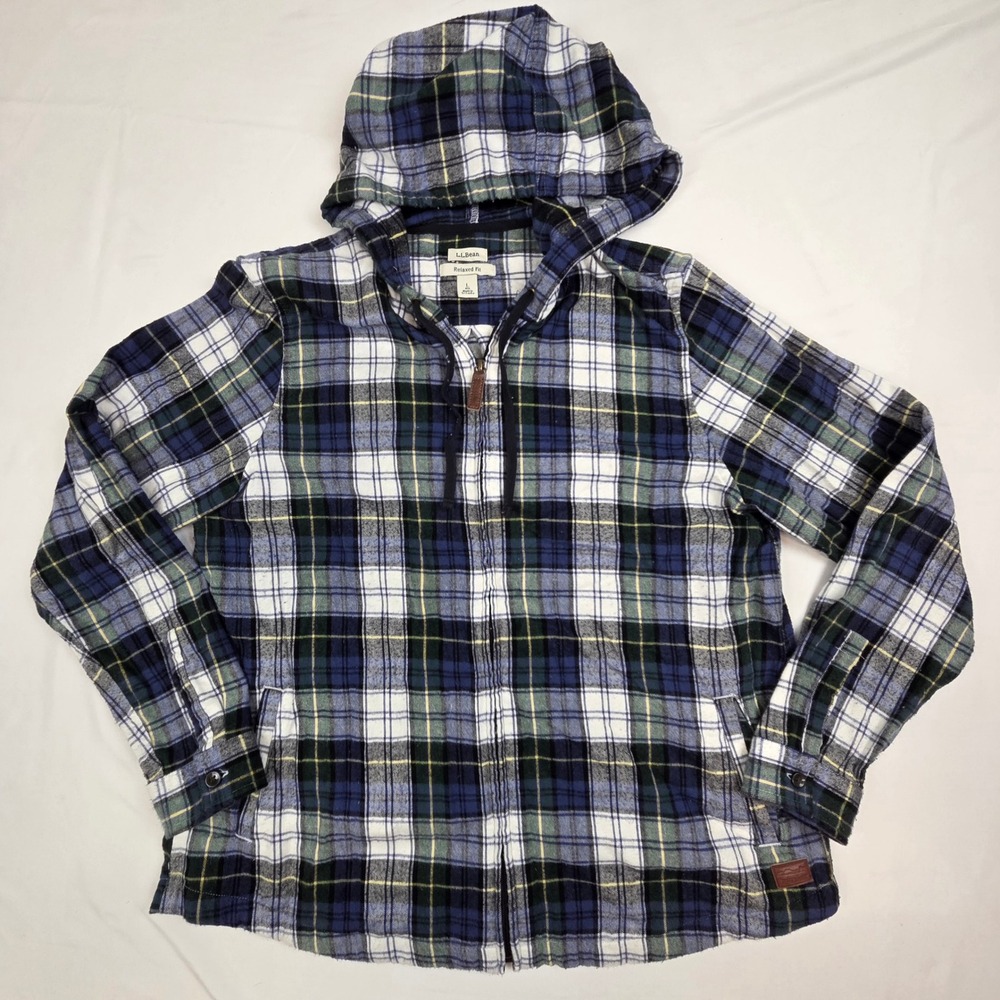 L.L.Bean Women Relaxed Fit Plaid Flannel Full Zip Hoodie Size L Blue Green